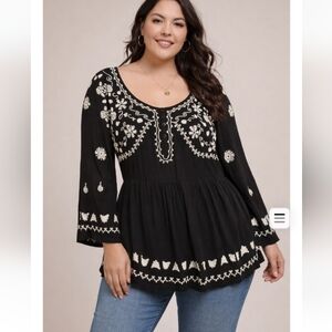 Anthropologie Meadow Rue Black Embroidered Boho Tunic Blouse Size M